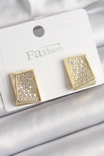 Pirinç Gold Renk Zirkon Taşlı Plaka Model Kadın Küpe ürün görseli 1