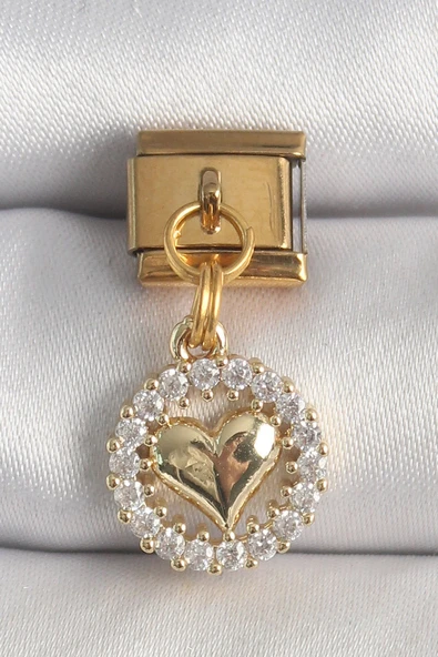 316L Çelik Gold Renk Sallantı Zirkon Taşlı Kalp Model Nomination Charm ürün görseli 1