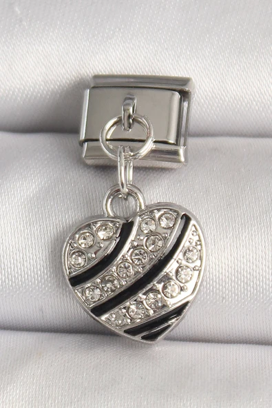 316L Çelik Gümüş Renk Zirkon Taşlı Kalp Model Nomination Charm ürün görseli 1