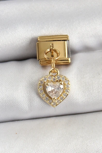 316L Çelik Sallantılı Zirkon Taşlı Kalp Model Gold Renk Nomination Charm ürün görseli 1
