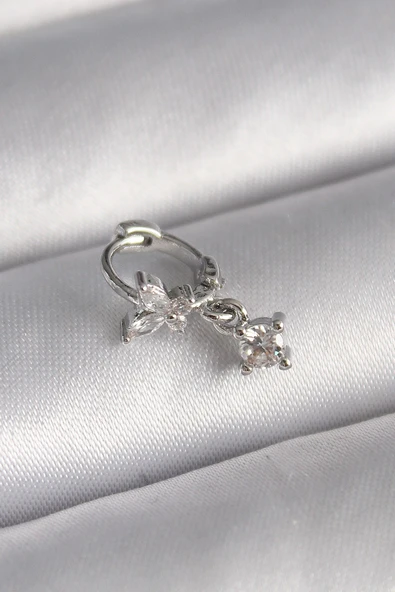 316L Çelik Gümüş Renk Zirkon Taşlı Kelebek Model Sallantı Detay Tragus Piercing ürün görseli 1