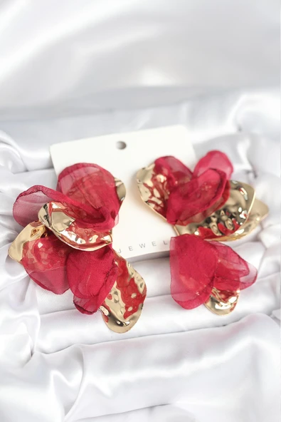 Pirinç Gold Renk Bordo Tüllü Lotus Kadın Küpe ürün görseli 1