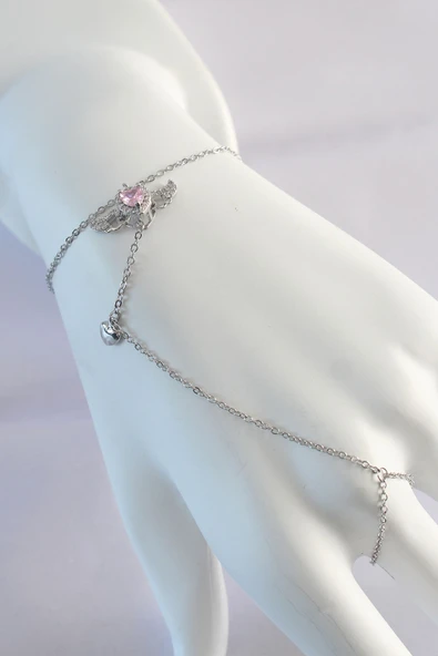 316L Çelik Gümüş Renk Pembe Zirkon Taşlı Kanatlı Kalp Model Şahmeran ürün görseli 1