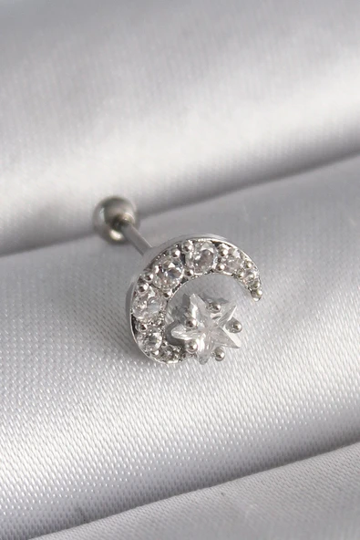 316L Çelik Gümüş Renk Zirkon Taşlı Ay Yıldız Tragus Piercing ürün görseli 1