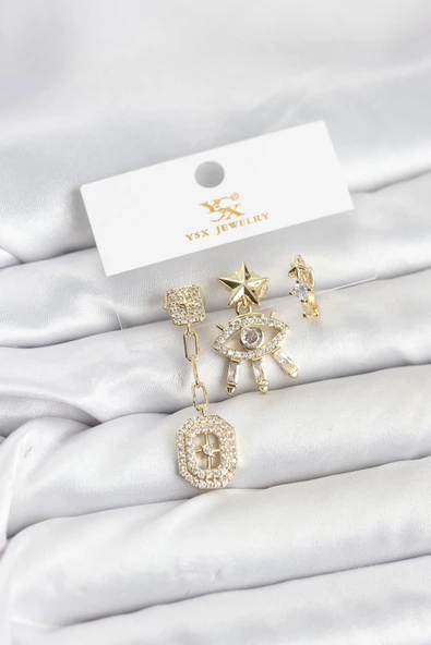 Pirinç Gold Renk Göz ve Kutup Yıldızı Model YSX Trio Küpe Seti ürün görseli 1
