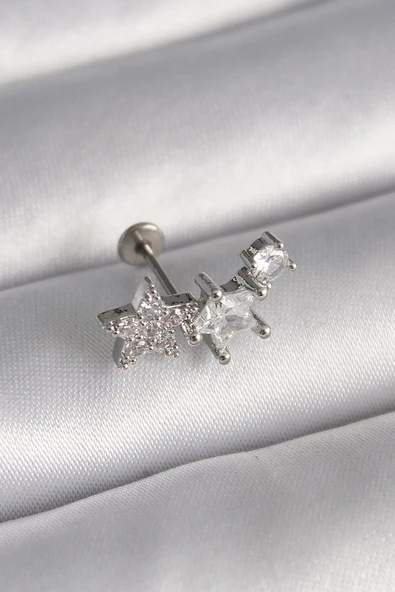 316L Çelik Gümüş Renk Zirkon Taşlı Yıldız Model Tragus Piercing ürün görseli 1