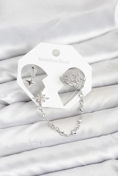 Kutup Yıldızı Model Pirinç Gümüş Renk Zincir Bağlantılı Ear Cuff Küpe Seti ürün görseli 1