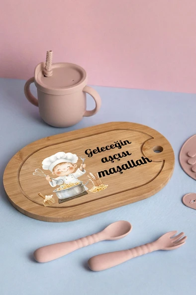 Sevimli Aşçı Çocuk Temalı Kişiye Özel İsimli Bebek Kahvaltı Tepsisi (Figür 2) ürün görseli 1