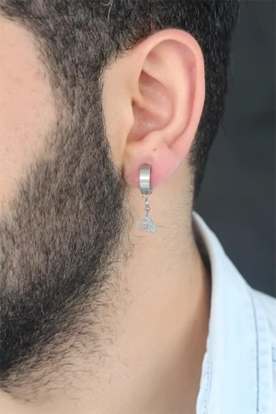 Silver Renk Kaplama Osmanlı Tuğra Figürlü Kıstırmalı Çelik Erkek Küpe ürün görseli 1