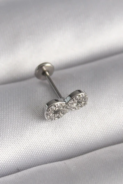 316L Çelik Gümüş Renk Zirkon Taşlı Sonsuzluk Model Tragus Piercing ürün görseli 1
