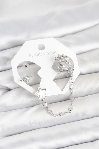 Pirinç Gümüş Renk Yıldız Model Zincir Bağlantılı Ear Cuff Küpe Seti ürün görseli 1