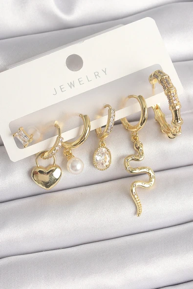 Pirinç Gold Renk Sallantı Yılan Model Zirkon Taşlı Halka Kilit Kalp Detay Kadın Küpe Seti ürün görseli 1