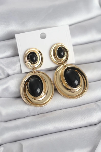 Siyah Sallantılı Damla Model Gold Renk Vintage Kadın Küpe ürün görseli 1
