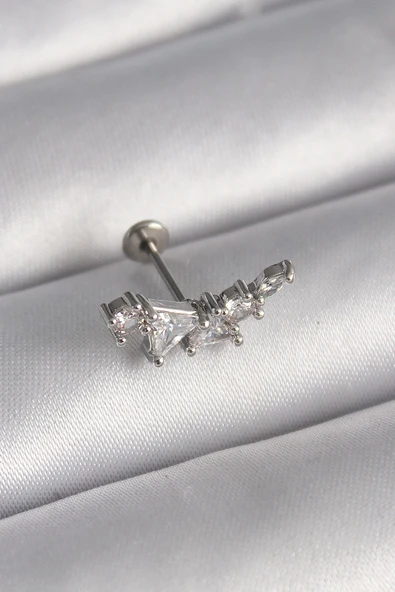 316L Çelik Gümüş Renk Zirkon Taşlı Tragus Piercing ürün görseli 1