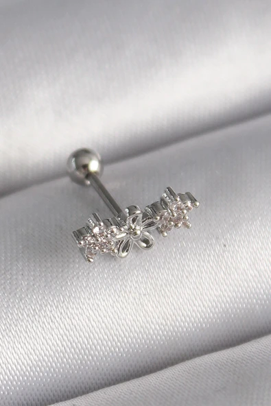 316L Çelik Gümüş Renk Zirkon Taşlı Çiçek Tragus Piercing ürün görseli 1