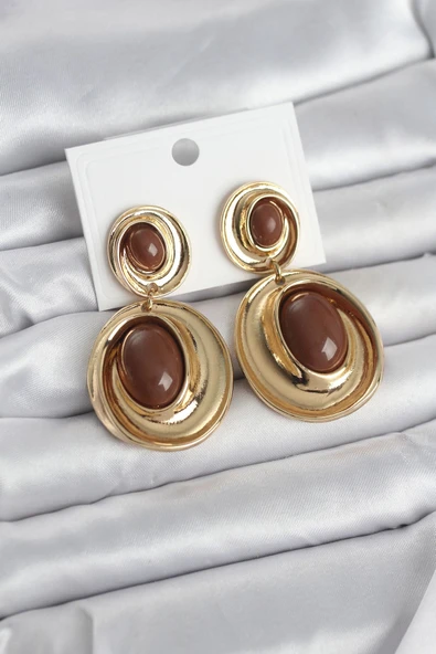 Kahverengi Sallantılı Damla Model Gold Renk Vintage Kadın Küpe ürün görseli 1