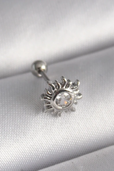316L Çelik Gümüş Renk Zirkon Taşlı Güneş Tragus Piercing ürün görseli 1