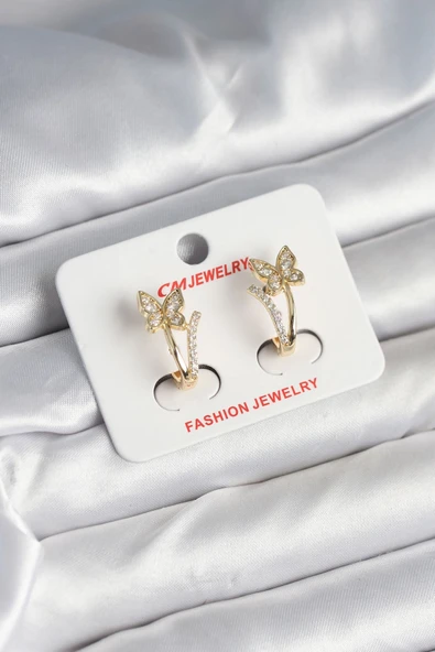 Pirinç Gold Renk Zirkon Taşlı Kelebek Model Kadın Küpe ürün görseli 1