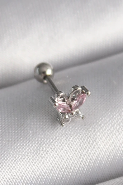 316L Çelik Gümüş Renk Pembe Zirkon Taşlı Kelebek Tragus Piercing ürün görseli 1