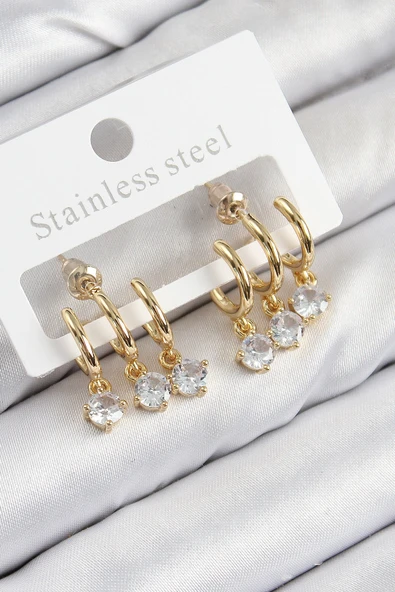 Pirinç Sallantılı Zirkon Taşlı Model Gold Renk Kadın Küpe ürün görseli 1