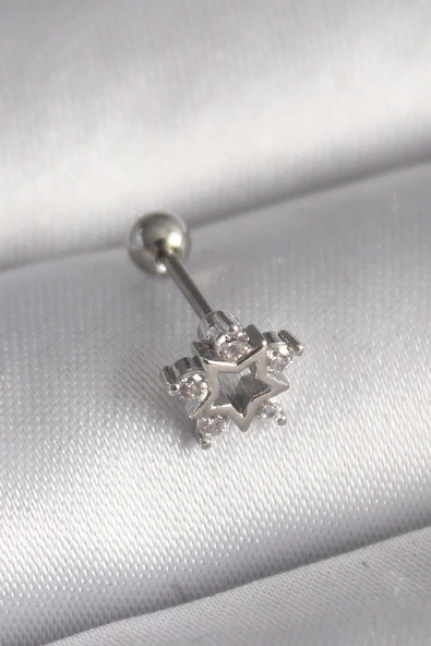 316L Çelik Gümüş Renk Zirkon Taşlı Yıldız Model Tragus Piercing ürün görseli 1