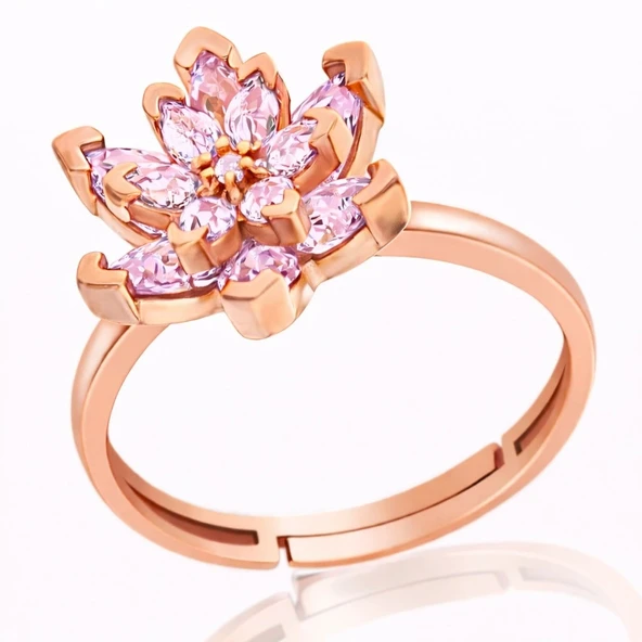 Gümüş Rose Pembe Taşlı Lotus Çiçeği Kadın Yüzük ürün görseli 1