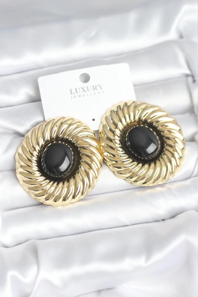 Pirinç Gold Renk Siyah Boncuklu Vintage Kadın Küpe ürün görseli 1