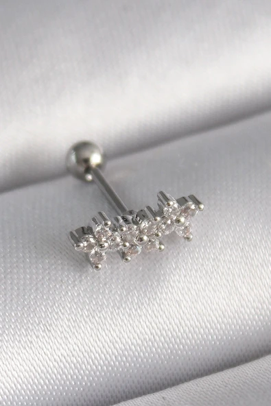 316L Çelik Gümüş Renk Zirkon Taşlı Yonca Tragus Piercing ürün görseli 1