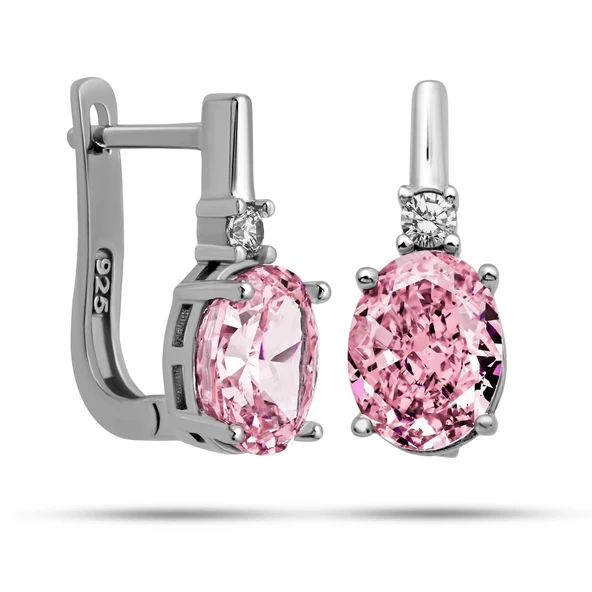 Gümüş Ice Cut Oval Pembe Zirkon Taşlı Kadın Küpe ürün görseli 1