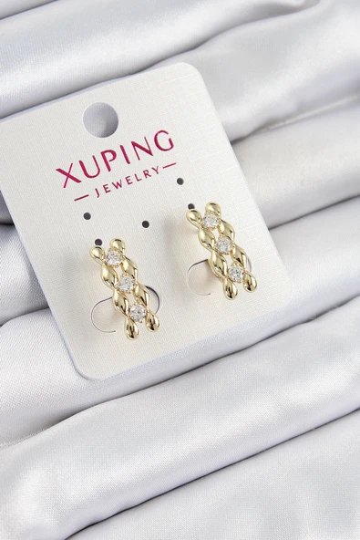Xuping Zirkon Taşlı Sıralı Damla Model Gold Renk Kadın Küpe ürün görseli 1