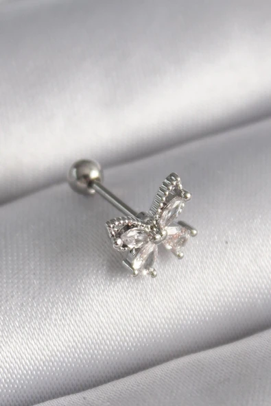 316L Çelik Gümüş Renk Zirkon Taşlı Kelebek Tragus Piercing ürün görseli 1