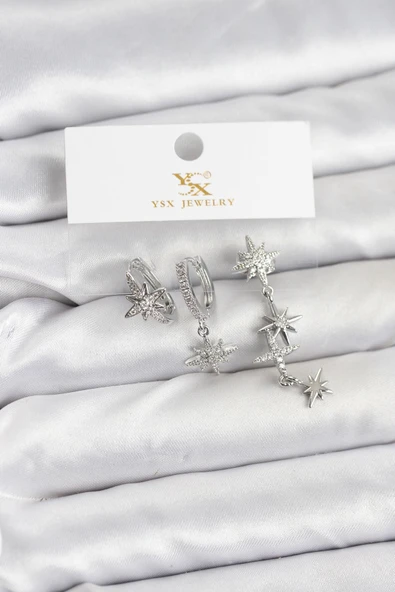 Pirinç Gümüş Renk Zirkon Taşlı Kutup Yıldızı Model YSX Trio Küpe Seti ürün görseli 1