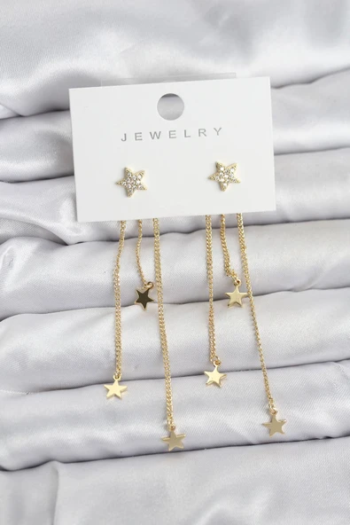Yıldız Model Gold Renk Pirinç Sallantılı Kadın Küpe ürün görseli 1