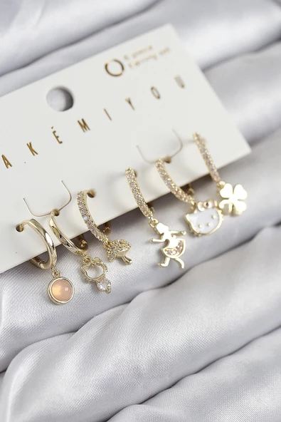 Pirinç Zirkon Taşlı Hello Kity Ve Yonca Model Gold Renk 6'lı Küpe Set ürün görseli 1