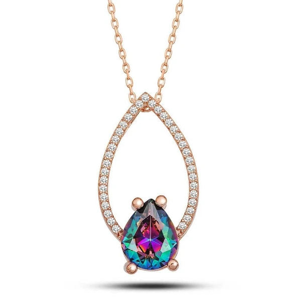 Gümüş Rose Mistik Topaz Taşlı Damla Kadın Kolye ürün görseli 1