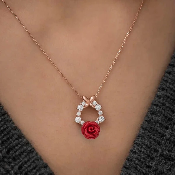 ​​Gümüş Rose Kırmızı Gül Kolye - Resim 3