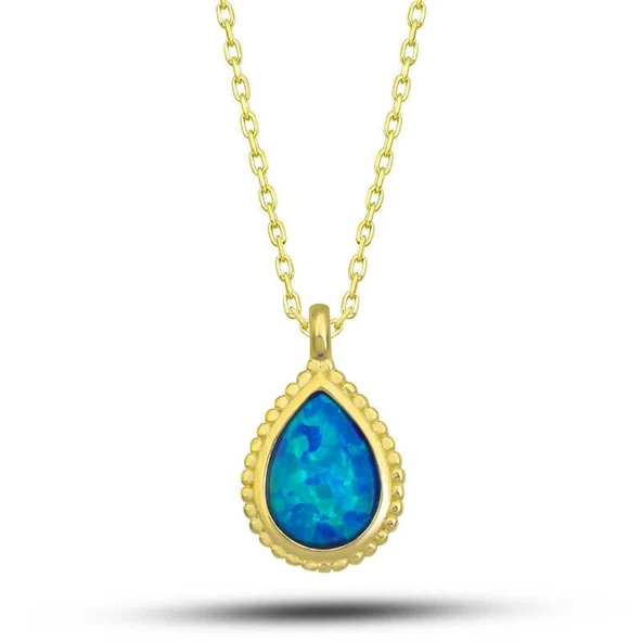 Gümüş Gold Damla Mavi Opal Taşlı Kadın Kolye ürün görseli 1