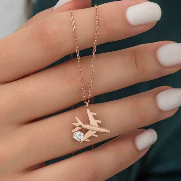 Gümüş Rose Tek Taşlı Uçak Kadın Kolye - Resim 2