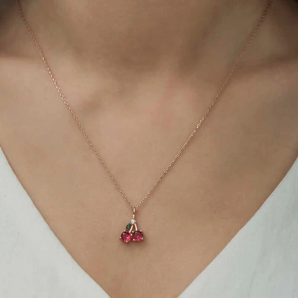 Gümüş Rose Kiraz Figürlü Meyve Kolye - Resim 2