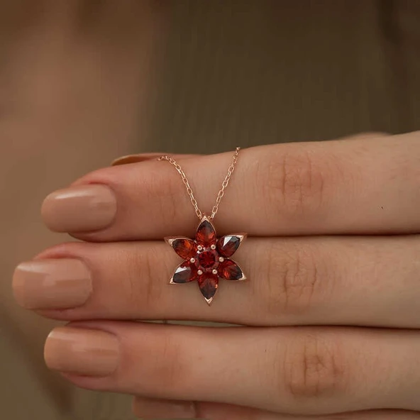Gümüş Rose Kırmızı Çiçek Kolye - Resim 3