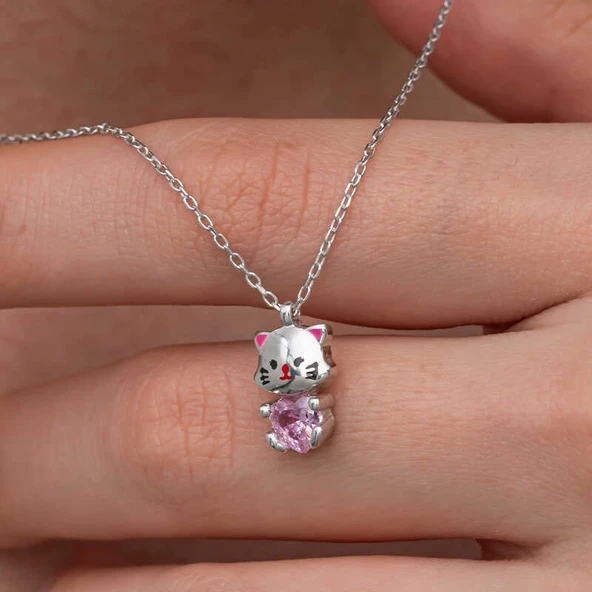 Gümüş Pembe Taşlı Sevimli Kedi Kadın Kolye - Resim 3