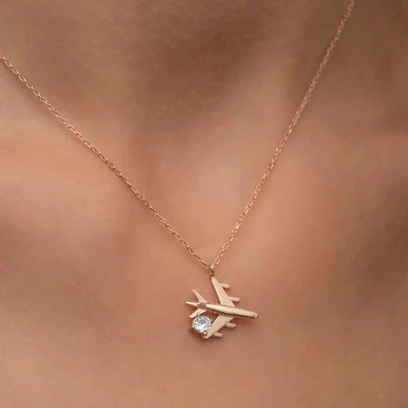 Gümüş Rose Tek Taşlı Uçak Kadın Kolye - Resim 5
