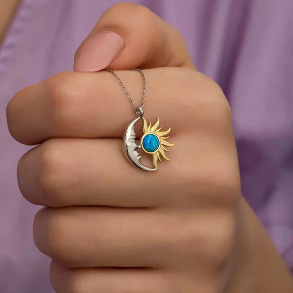 Gümüş Opal Mavi Taşlı Ay Güneş Kadın Kolye ürün görseli 1