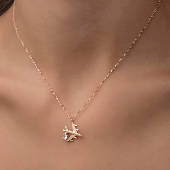 Gümüş Rose Tek Taşlı Uçak Kadın Kolye - Resim 4