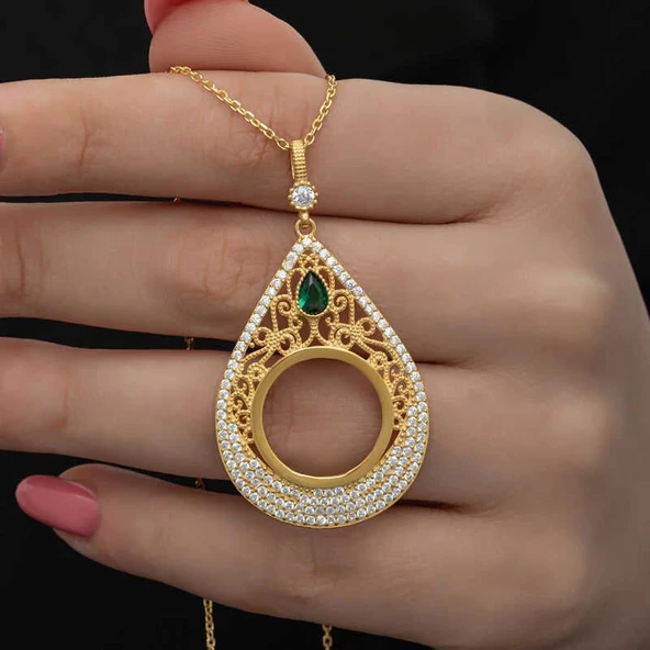Gümüş Gold Kaplama Damla Çeyrek Takılabilen Kadın Kolye ürün görseli 1