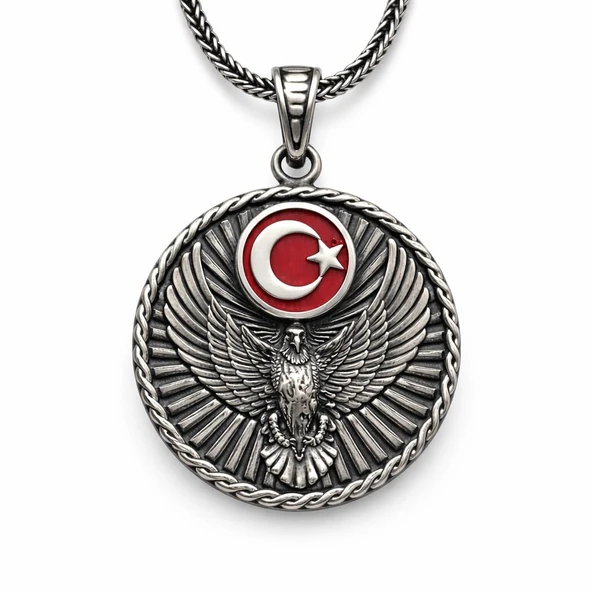 Gümüş Türk Kartalı ve Ay Yıldız Motifli Erkek Kolye ürün görseli 1
