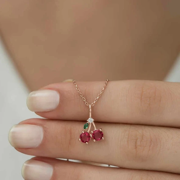 Gümüş Rose Kiraz Figürlü Meyve Kolye - Resim 3