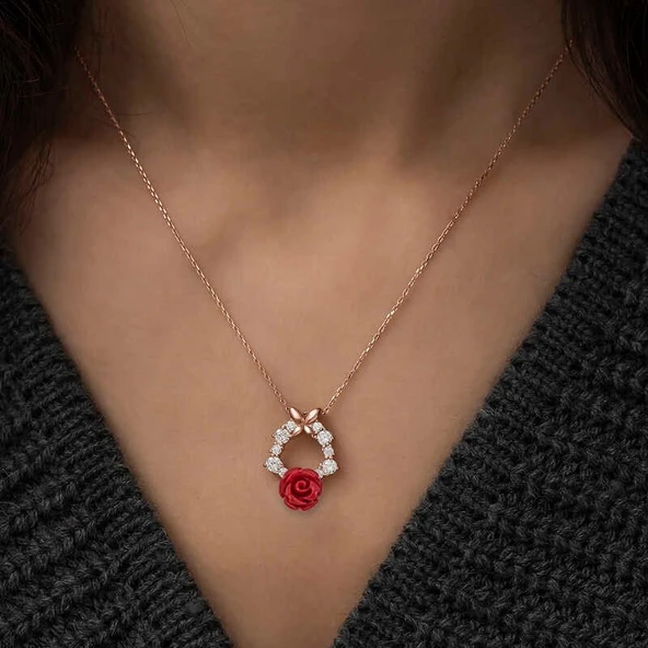 ​​Gümüş Rose Kırmızı Gül Kolye - Resim 2