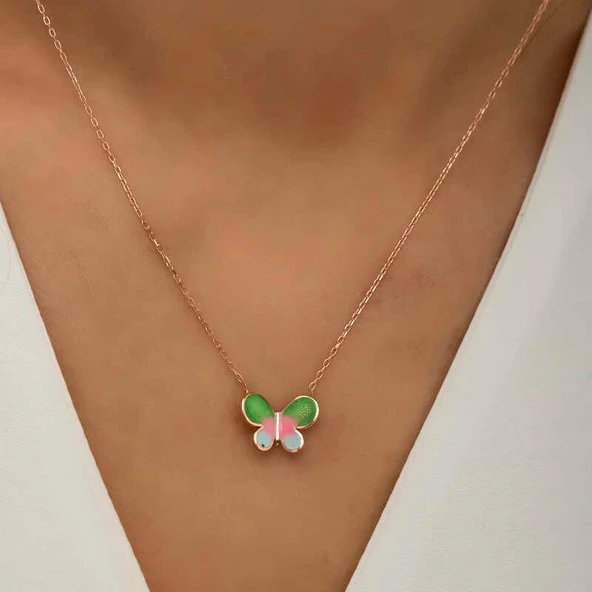 Gümüş Rose Minimal Kelebek Bayan Kolye - Resim 3