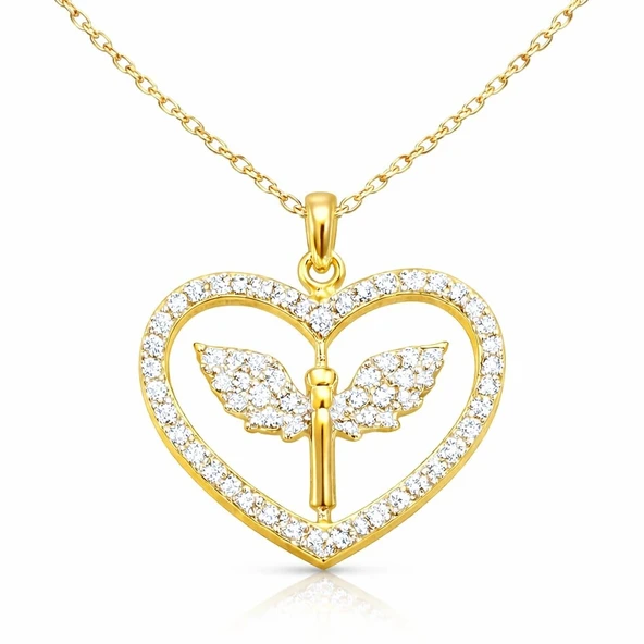 Gümüş Gold Mikail Meleği Figürlü Kalp Kadın Kolye ürün görseli 1